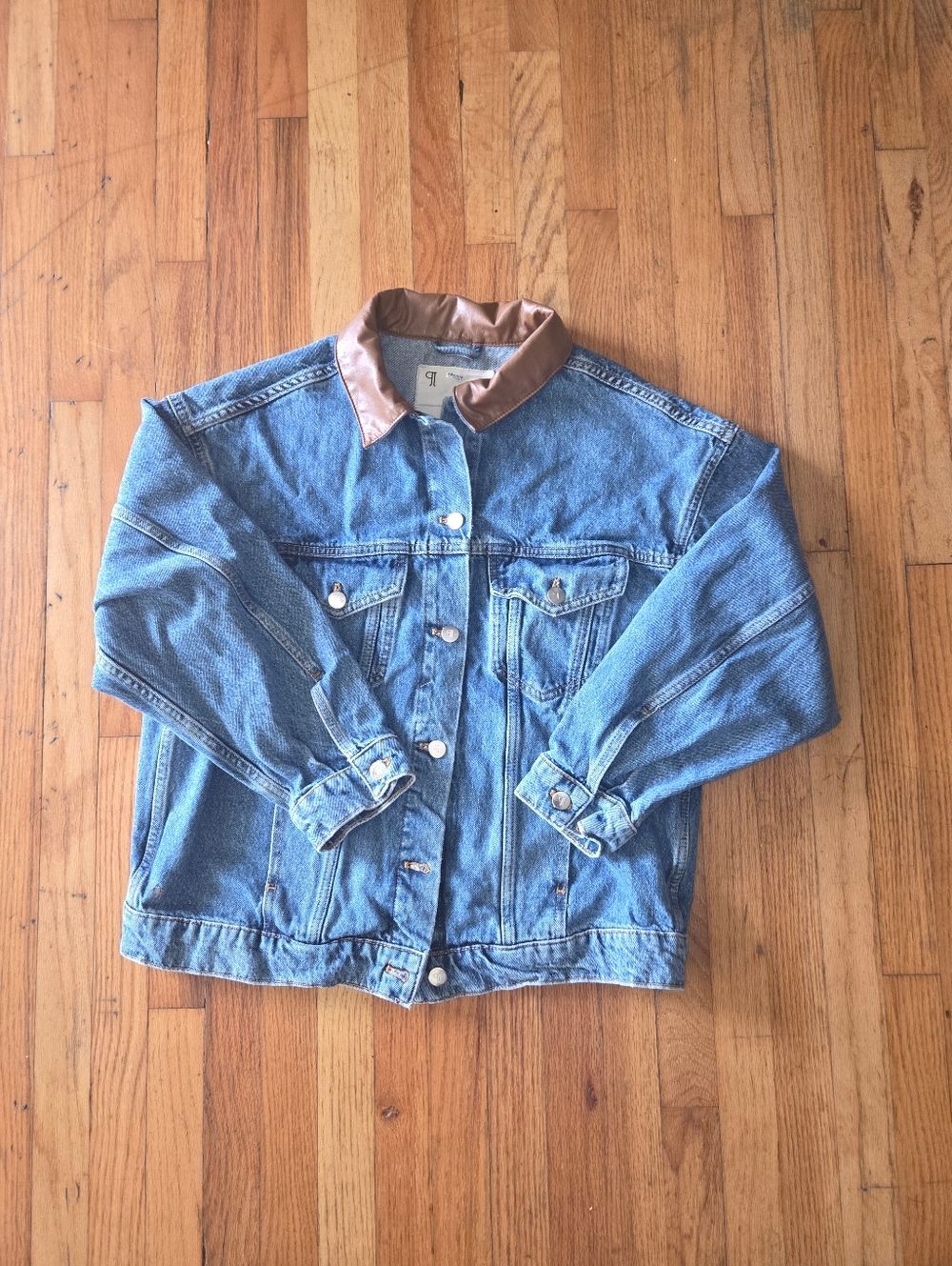 Pilcro Womens Denim Jacket Leather Collar Trucker Medium Wash Workwear Small